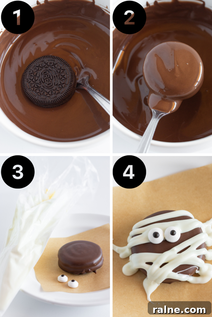 Four step by step photos of how to make chocolate covered mummy Oreos.