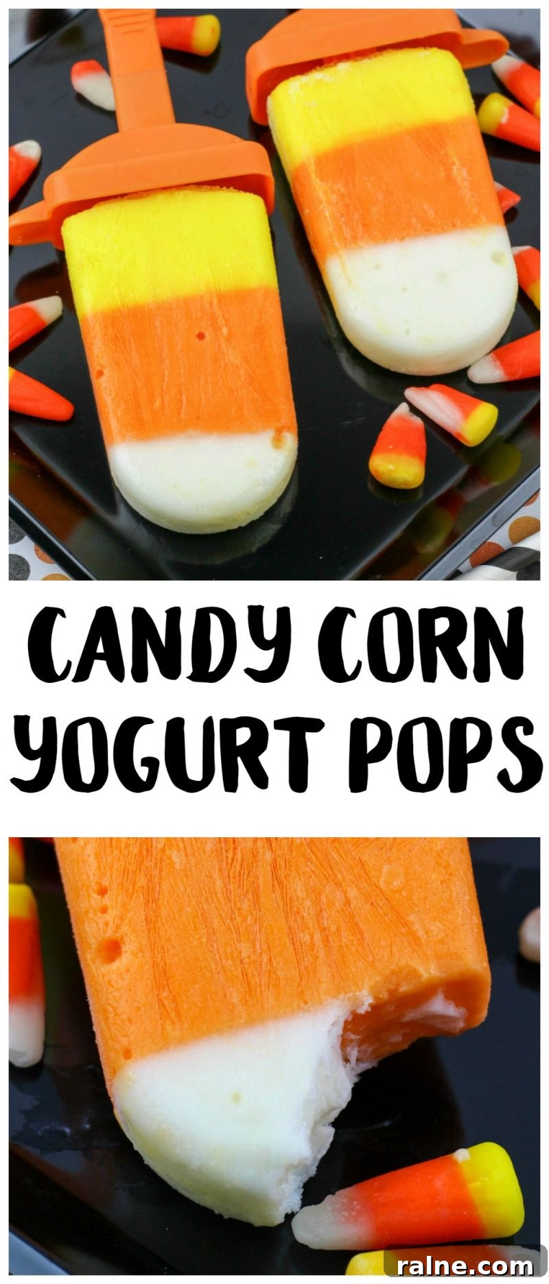 Candy Corn Yogurt Pops: Festive Frozen Treats for Fall 7 These Candy Corn Yogurt Pops are an easy, delicious way to get your fix of one of the best kinds of Halloween treats! These ice pops taste like desserts but are actually healthy, and are an easy recipe to enjoy- no baking required!