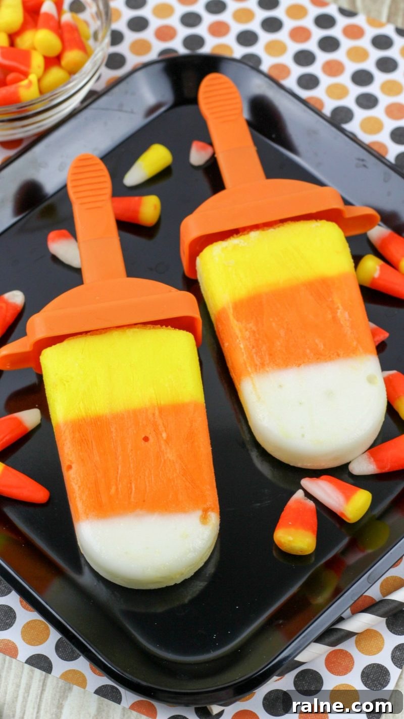Candy Corn Yogurt Pops: Festive Frozen Treats for Fall 3 These Candy Corn Yogurt Pops are an easy, delicious way to get your fix of one of the best kinds of Halloween treats! These ice pops taste like desserts but are actually healthy, and are an easy recipe to enjoy- no baking required!