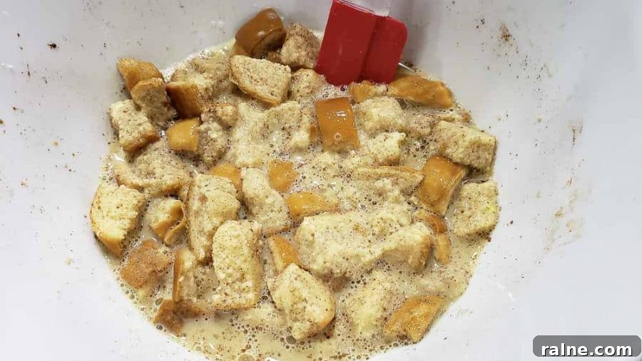 bread cubes mixed into the egg mixture.