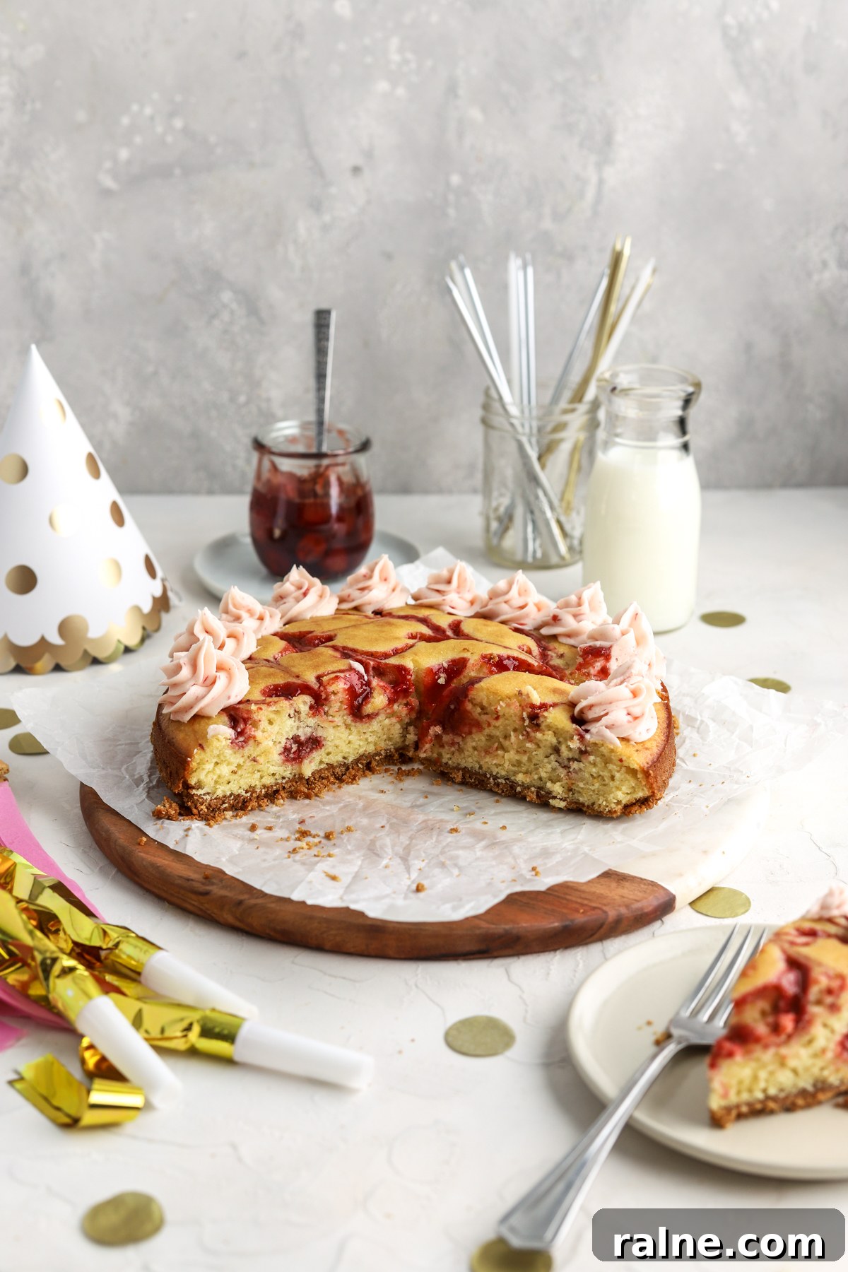 Pie-Inspired Birthday Cake Ideas for a Memorable Celebration 14 A birthday cake pie, a jug of milk, a jar of pie filling and birthday decorations.