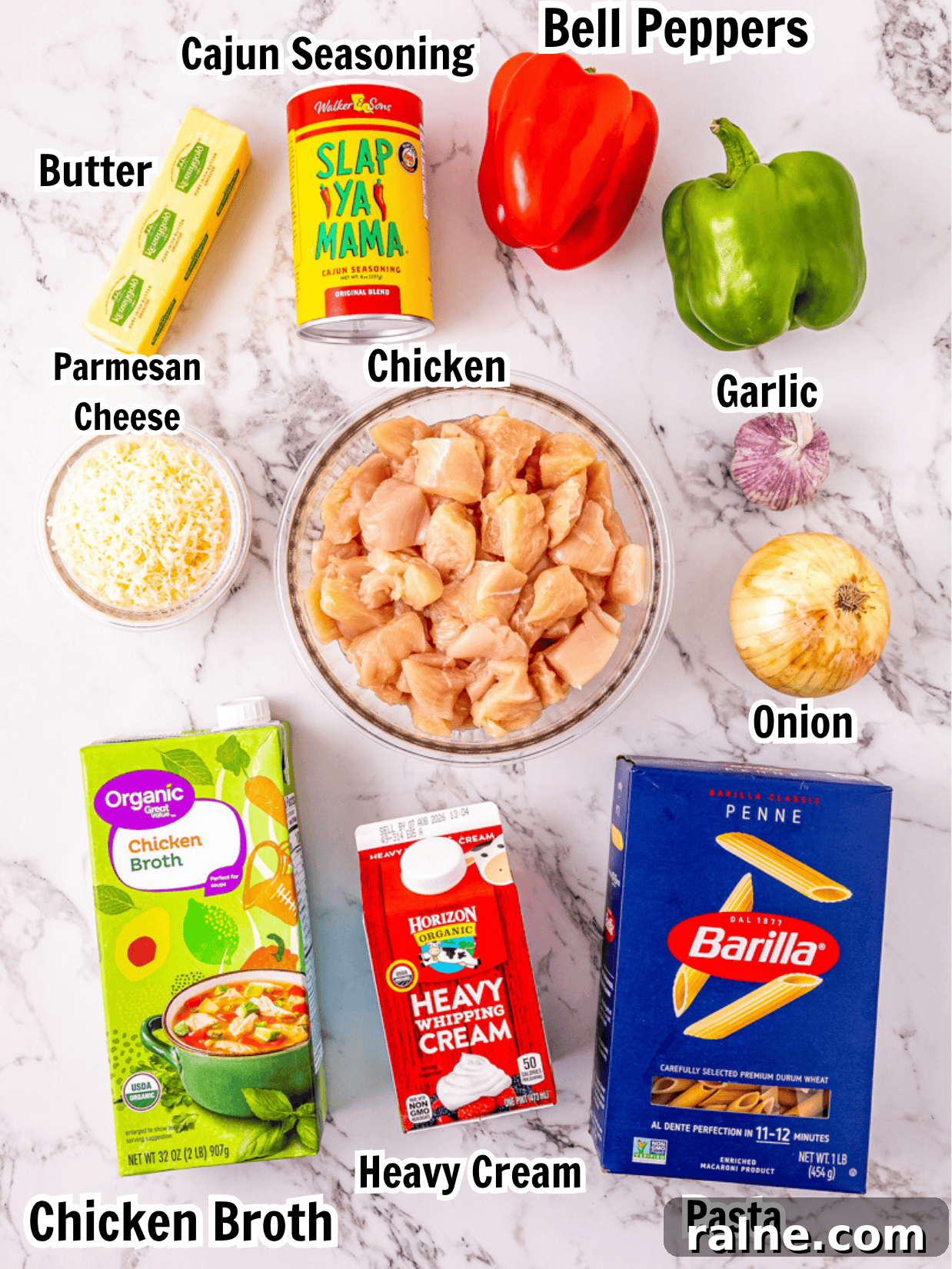 Slow Cooker Cajun Chicken Pasta Recipe for Flavorful Meals 3 ingredients including chicken, Cajun seasoning, bell peppers, penne pasta, heavy cream, chicken broth, and cheese.