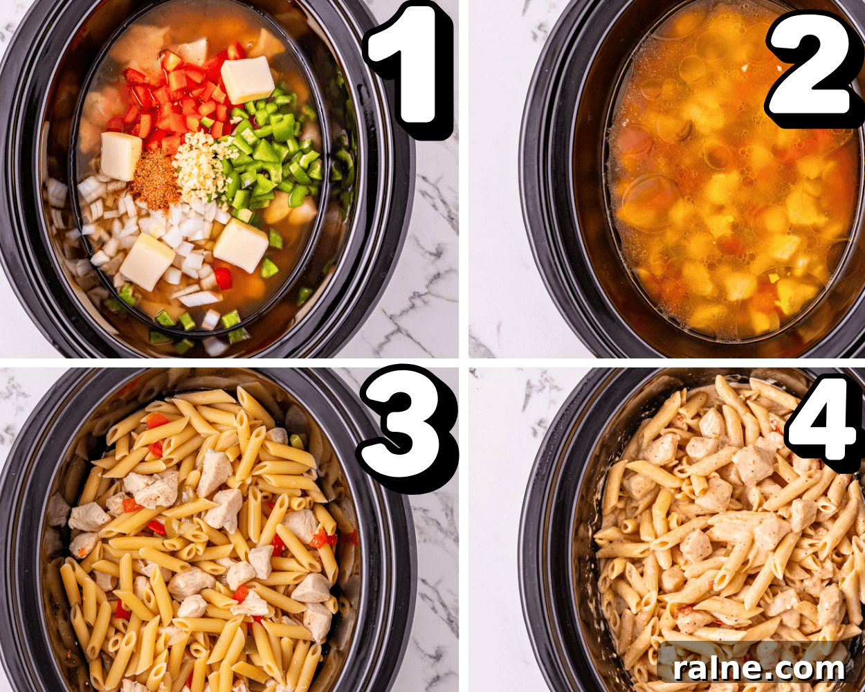 Slow Cooker Cajun Chicken Pasta Recipe for Flavorful Meals 4 a 4 image collage showing how to make cajun chicken pasta in the slow cooker.