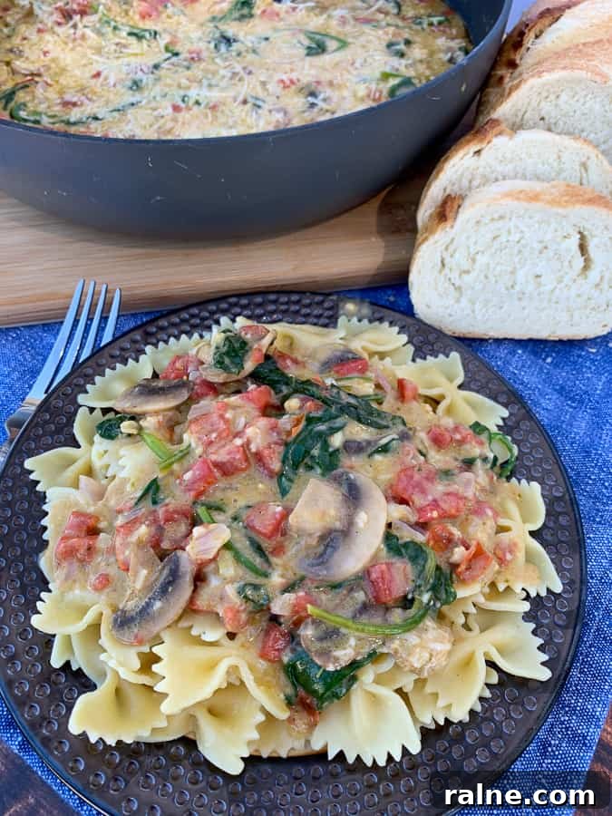 Plate of copycat Macaroni Grill Pasta Milano by skillet full with bread