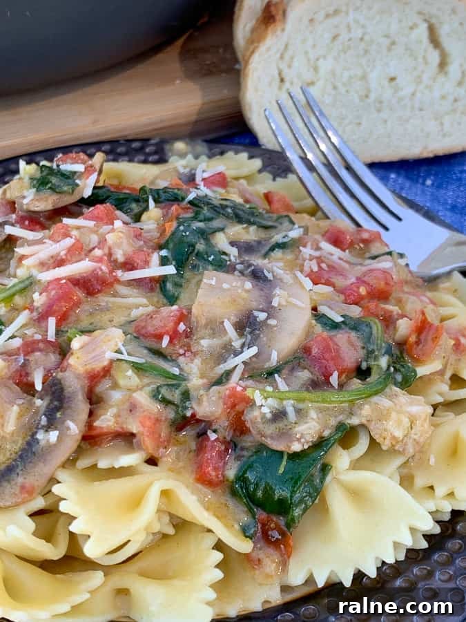 Mushrooms, spinach and tomatoes in sauce over bowtie pasta
