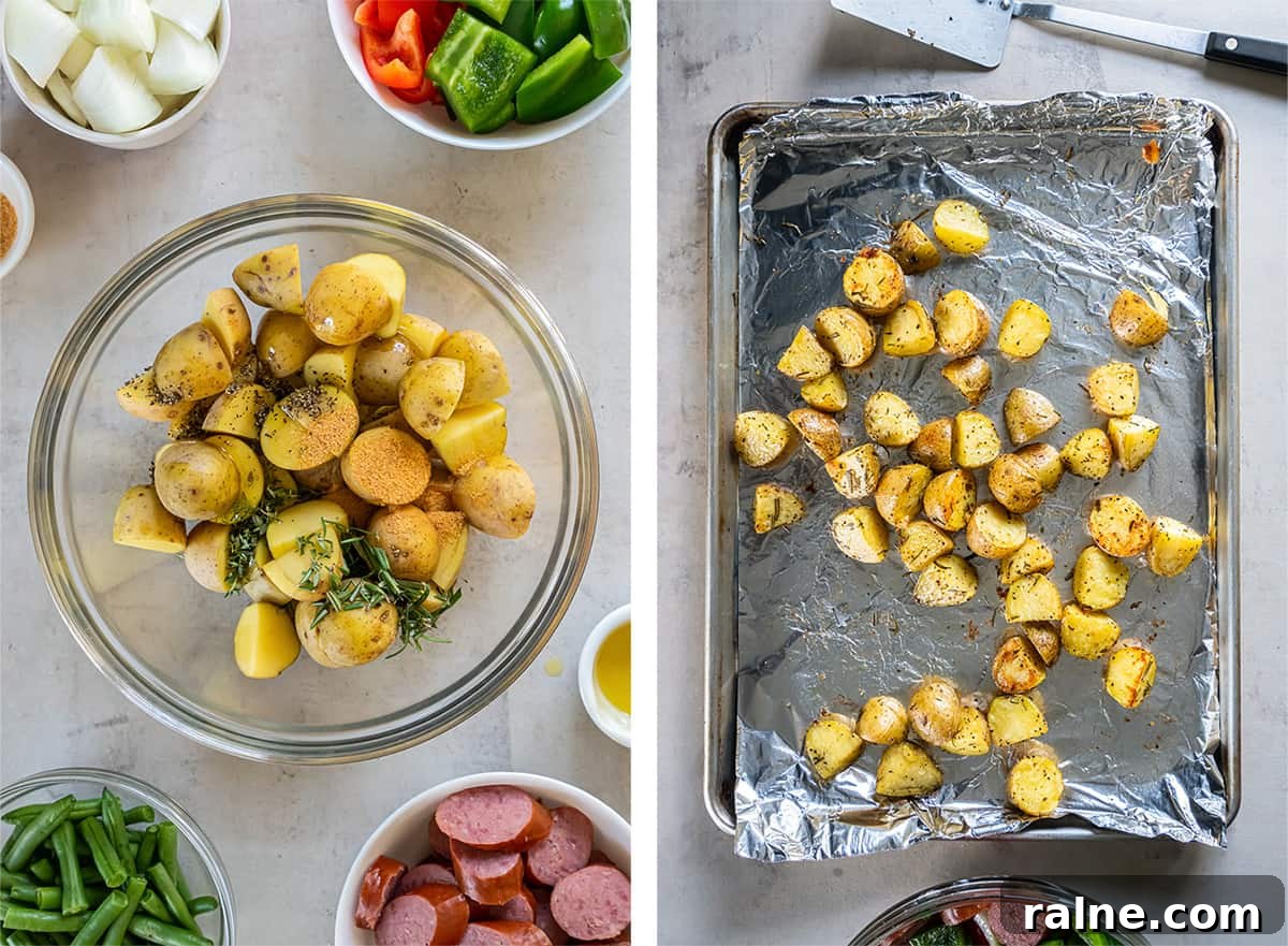Two images of potatoes in a bowl with oil and seasoning and spread out over a baking sheet.