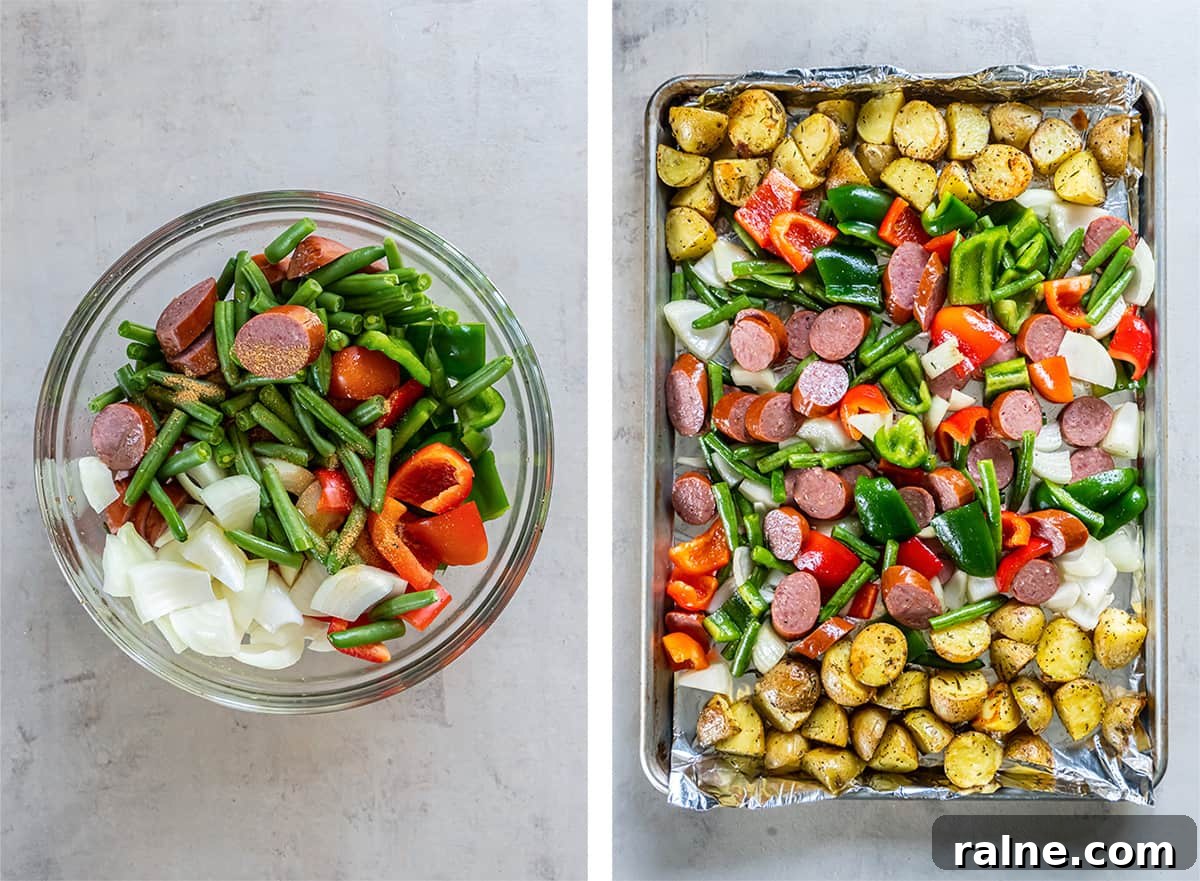 Two images of sausage, peppers, green beans and onions in a bowl and spread out over a baking sheet with potatoes.