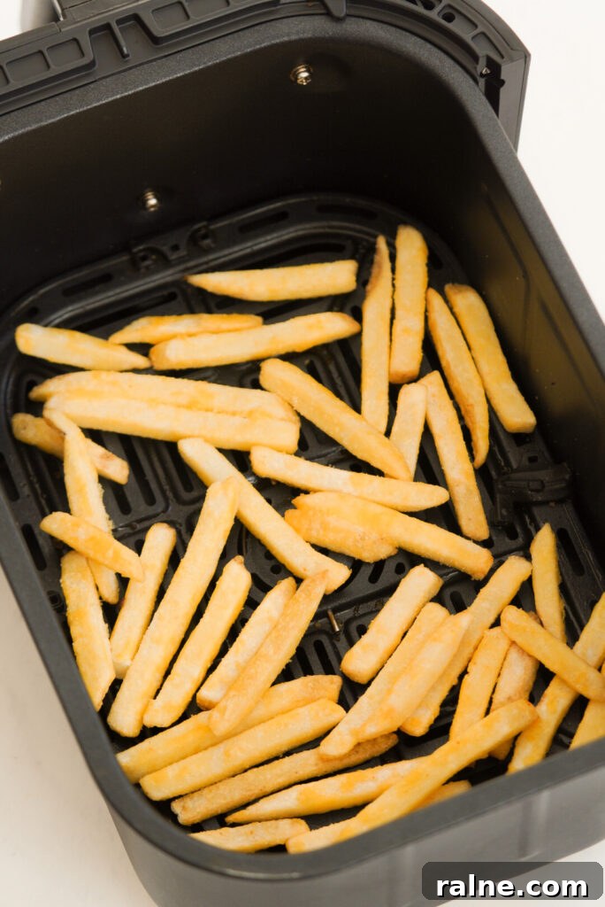 Frozen fries in the air fryer before cooking