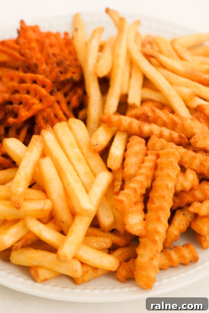 Plate of air fryer frozen french fries - with all different varieties!