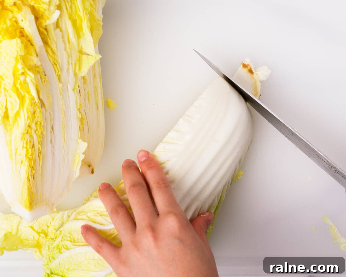 Napa Cabbage Kimchi Recipe: Authentic Homemade Kimchi Guide 11 Cutting the dirty root off napa cabbage.