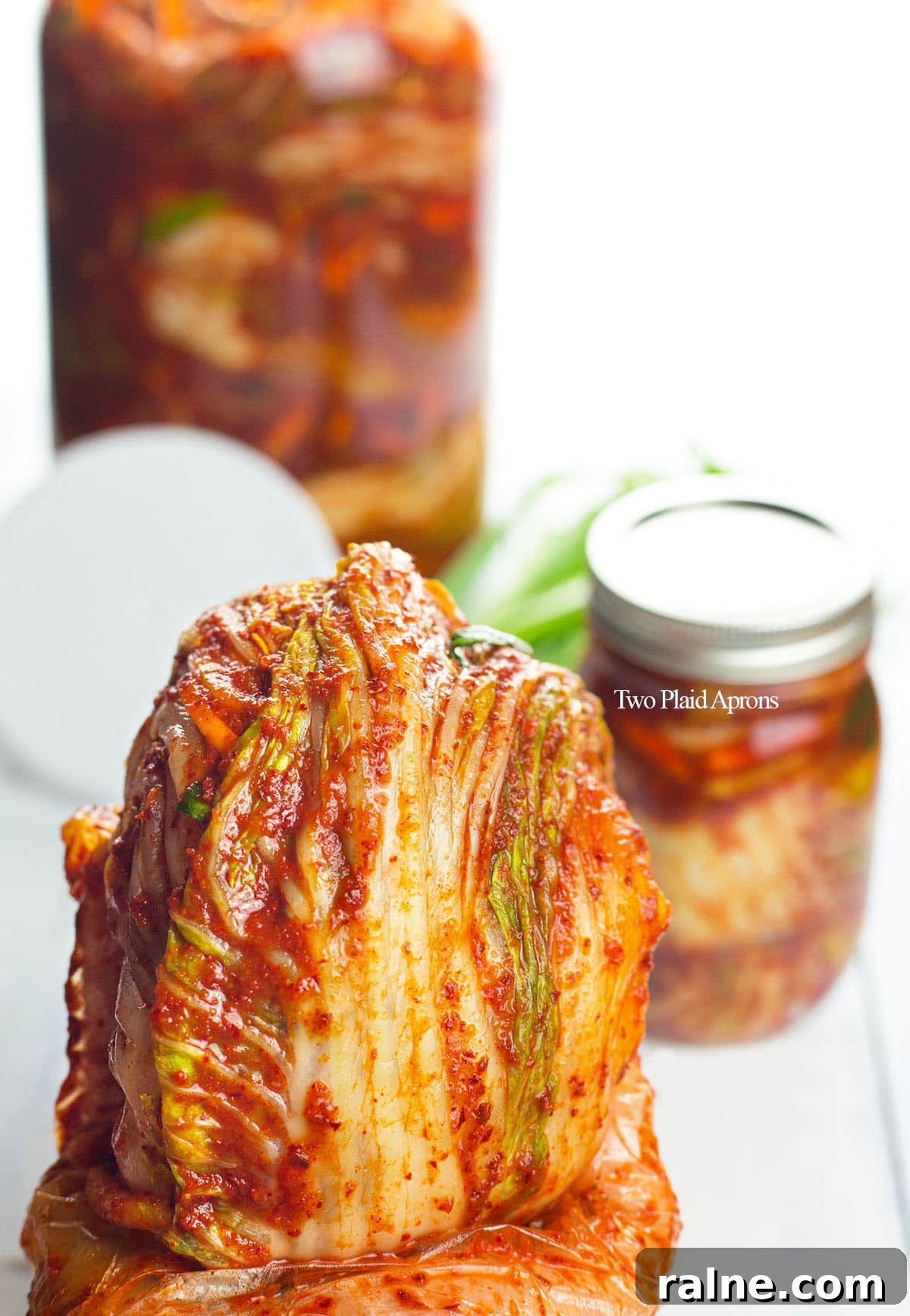 Napa Cabbage Kimchi Recipe: Authentic Homemade Kimchi Guide 30 Holding a quarter head of traditional napa cabbage kimchi in gloved hands with jarred kimchi in background.