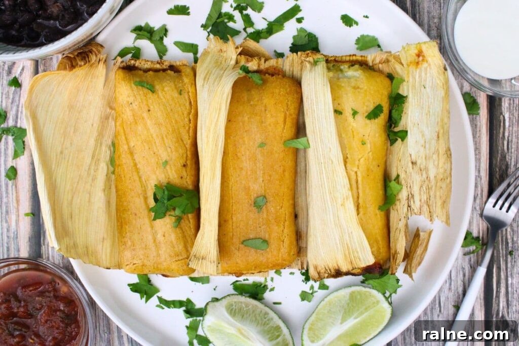 overhead view of three air fryer trader joes tamales on a plate