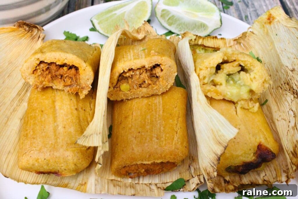 trader joes beef, chicken and cheese, and cheese and green chile tamales cut in half and shown on a plate