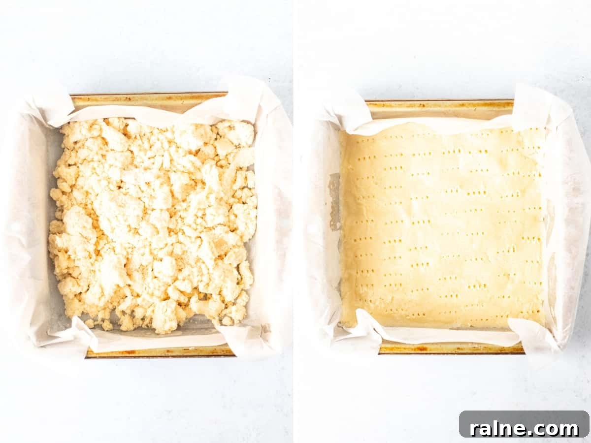 Shortbread Brownies Recipe: Buttery Crust and Fudgy Center 4 Pan of shortbread dough in pan, and shortbread dough pressed into pan.