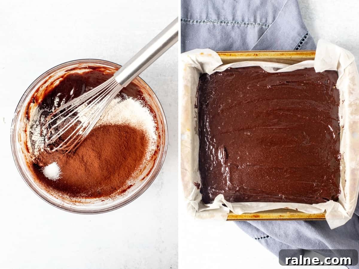 Shortbread Brownies Recipe: Buttery Crust and Fudgy Center 5 Bowl of brownie batter after flour and cocoa sifted in, and pan of brownie batter.
