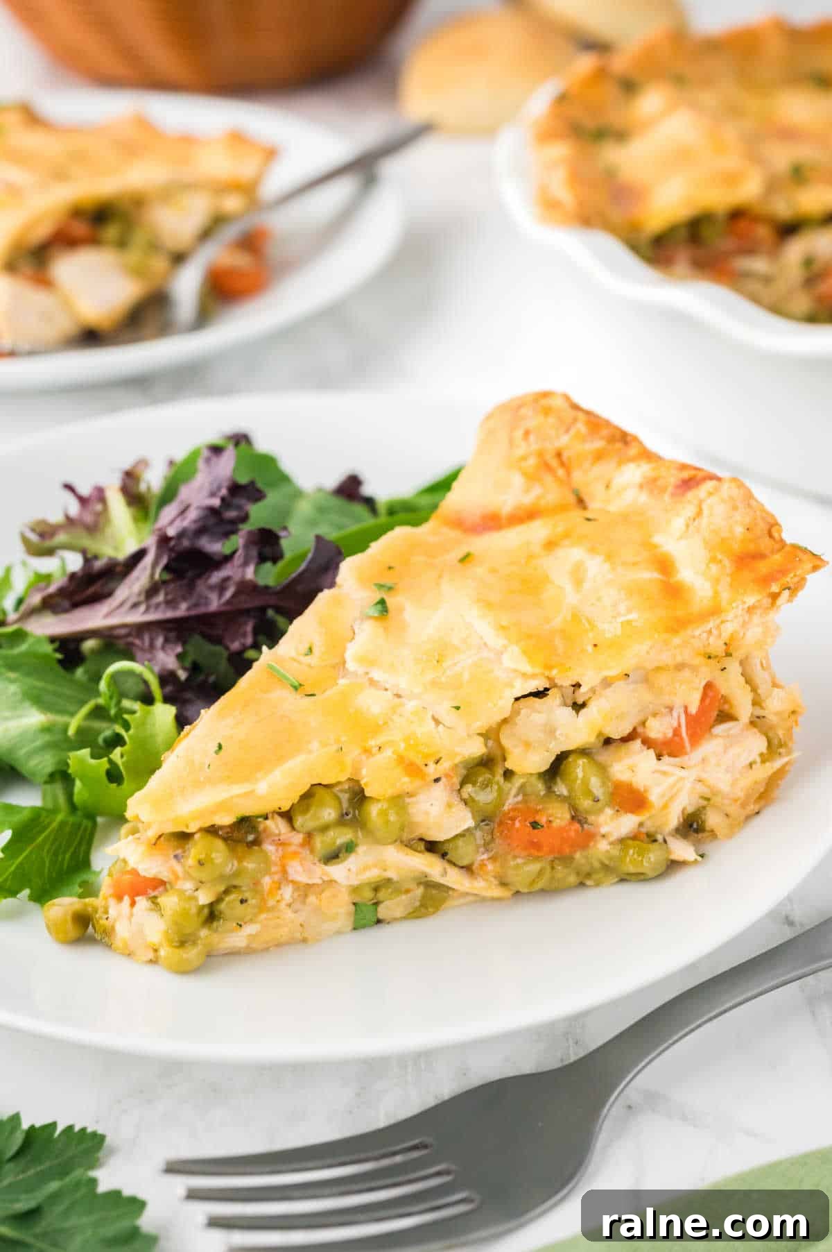 Homemade Chicken Pot Pie Recipe with Flaky Golden Crust 8 A slice of chicken pot pie on a plate with salad.