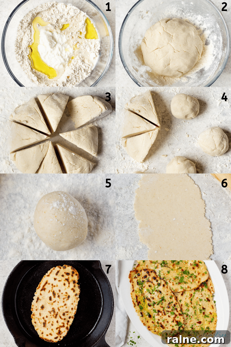 Gluten-Free Naan Recipe: Soft, Quick Homemade Flatbread 5 a collage of 8 images showing the steps to make gluten-free naan