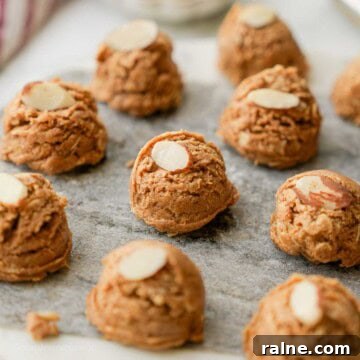 Almond Butter Protein Energy Bites for On-the-Go Snacks 11 Almond butter protein bite on marble with almond slice.