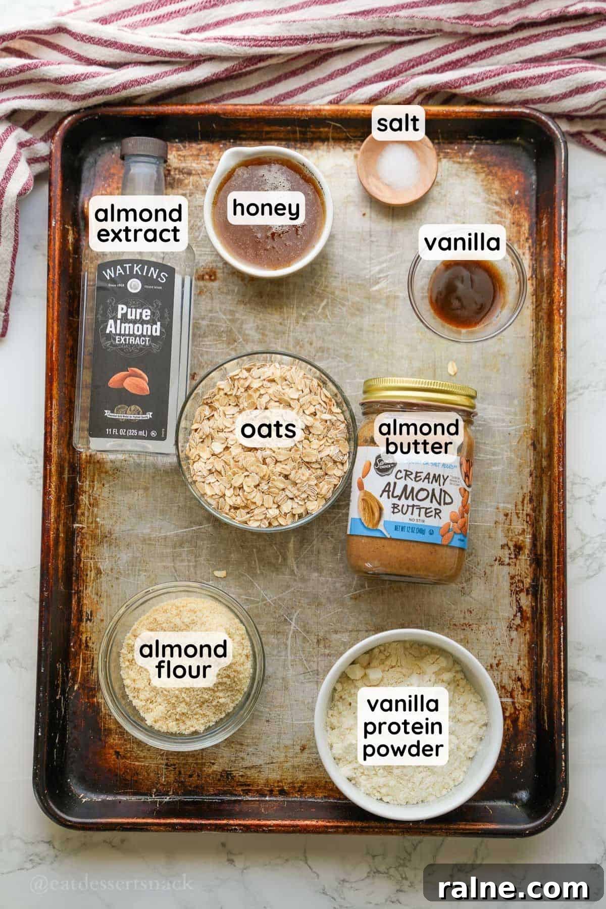Almond Butter Protein Energy Bites for On-the-Go Snacks 3 Labeled ingredients for almond butter protein balls.