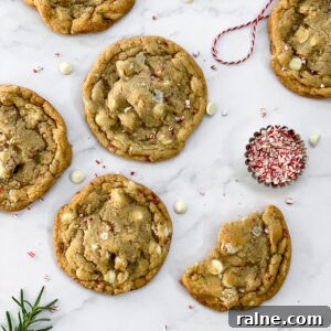 white chocolate peppermint pretzel cookies with peppermint candies scattered around.
