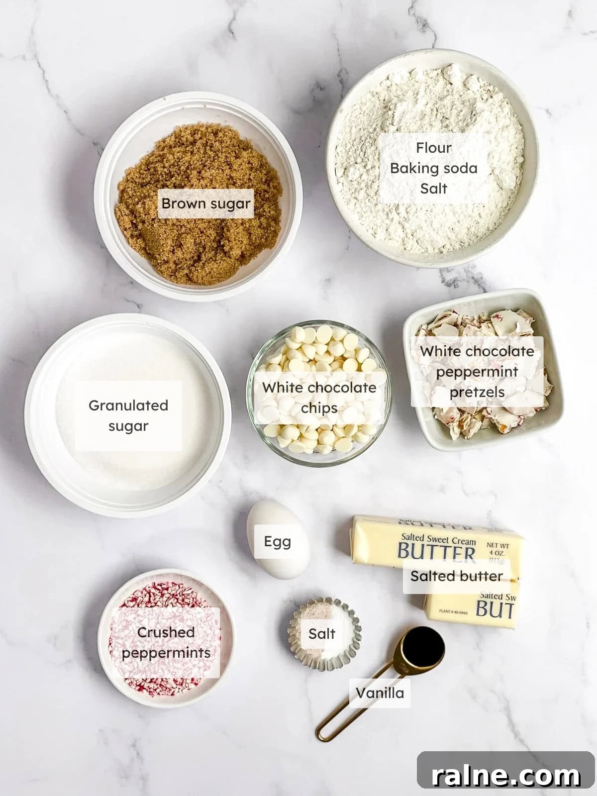 All the ingredients needed to make white chocolate peppermint pretzel cookies.