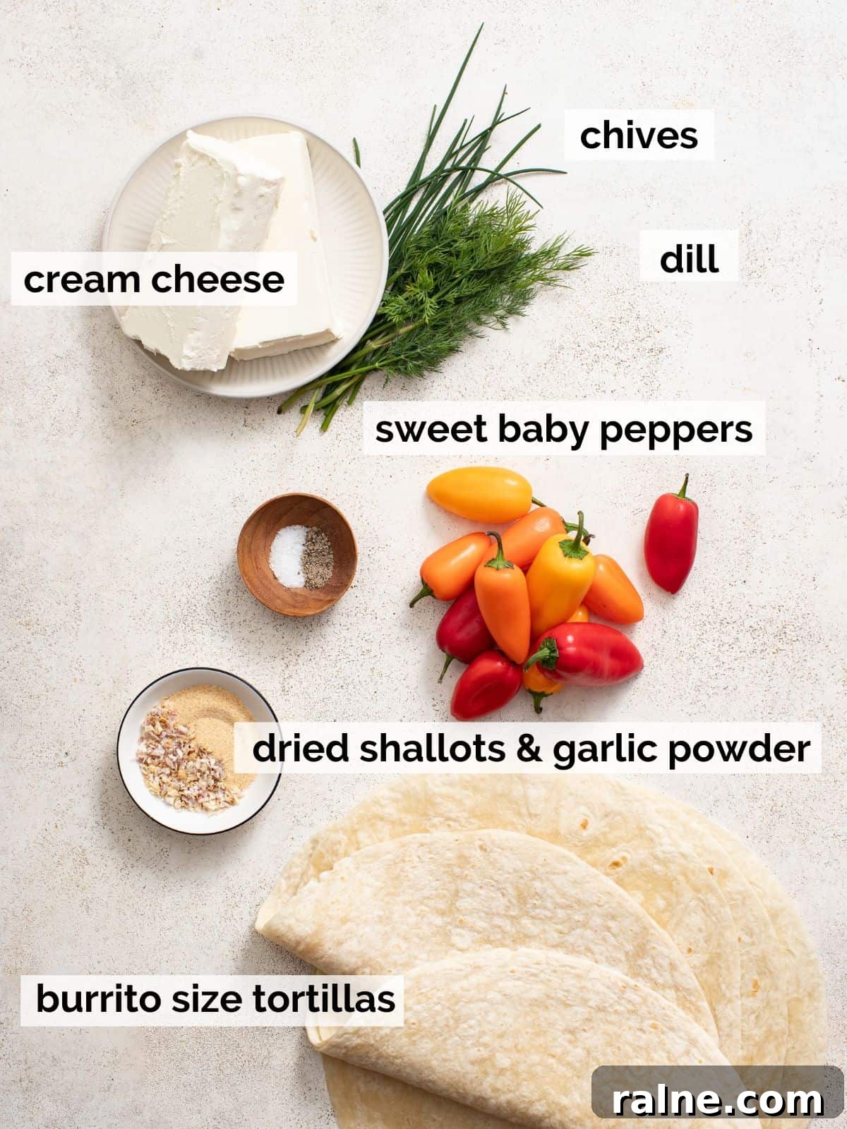 Cream Cheese Tortilla Roll-Ups: 5-Minute Party Appetizer Recipe 3 Ingredients for cream cheese tortilla roll ups on a white background.
