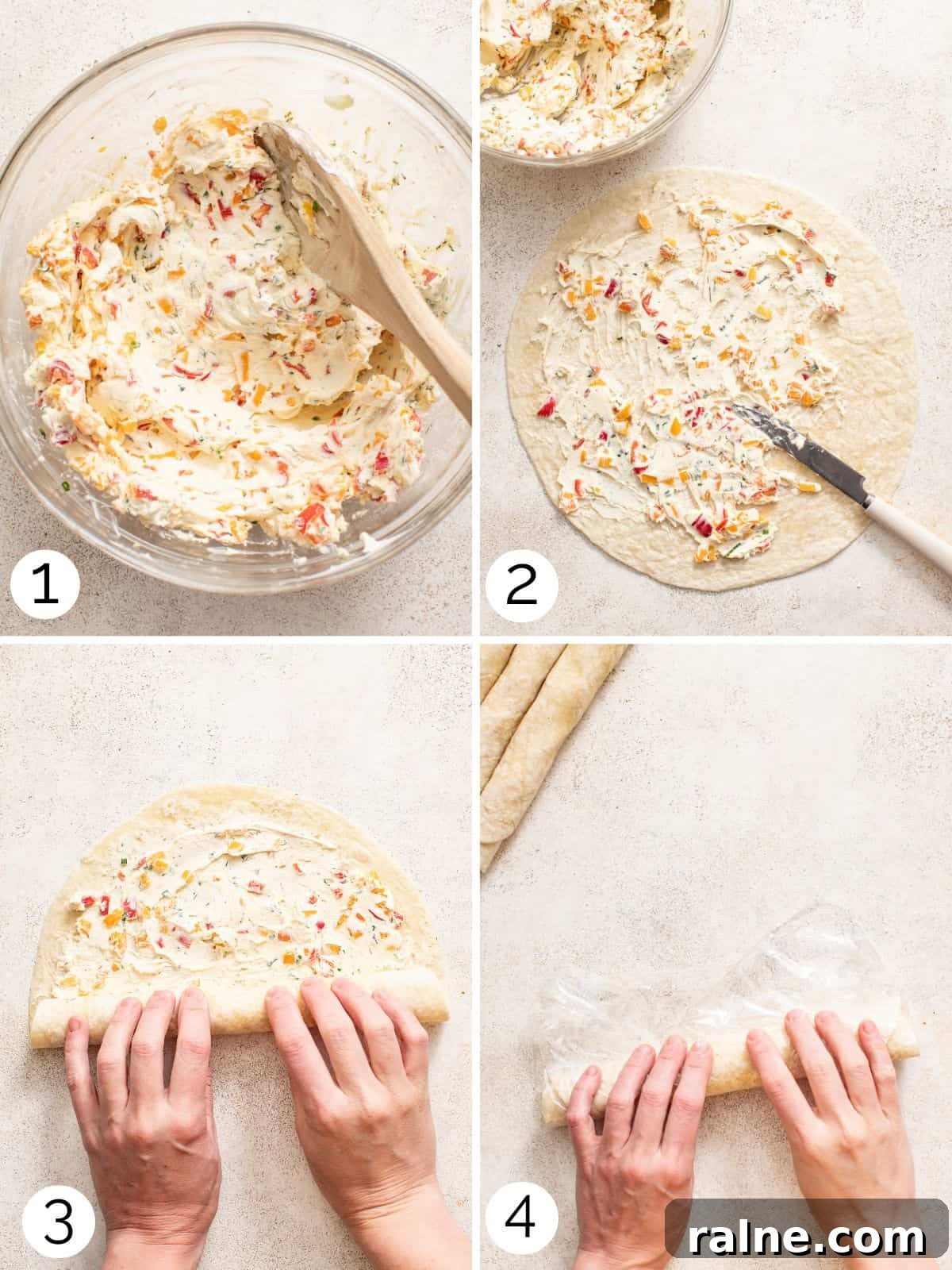 Cream Cheese Tortilla Roll-Ups: 5-Minute Party Appetizer Recipe 5 Process photos showing how to mix cream cheese with spices and peppers, then roll into tortillas.