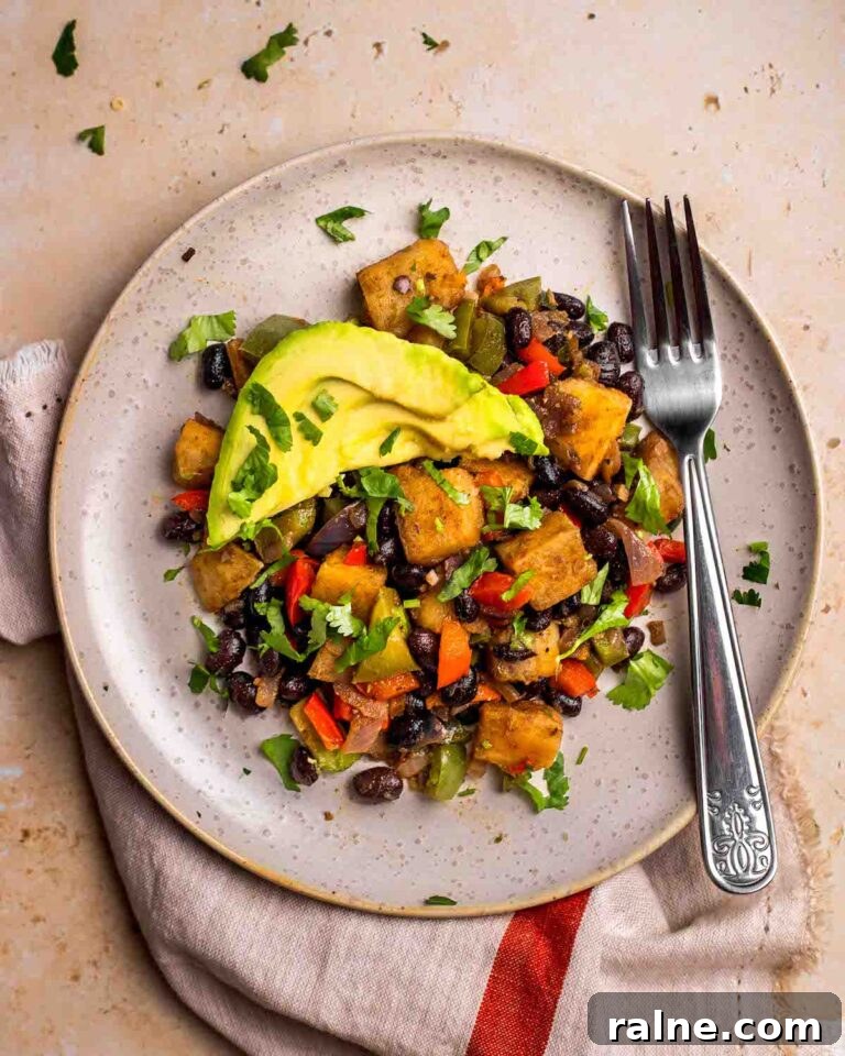 Delicious Sweet Potato Recipes for Every Meal 23 overhead of sweet potato breakfast hash on plate