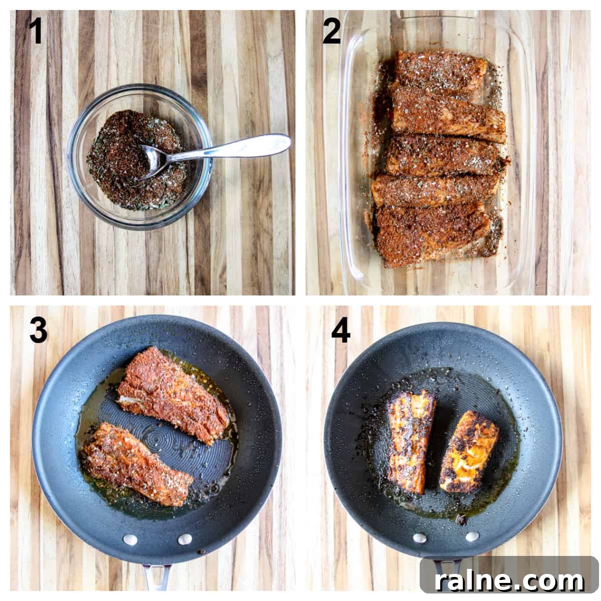 Cajun Blackened Cod Recipe — Crispy Spiced Pan-Seared Fish 6 The four steps for making blackened cod.