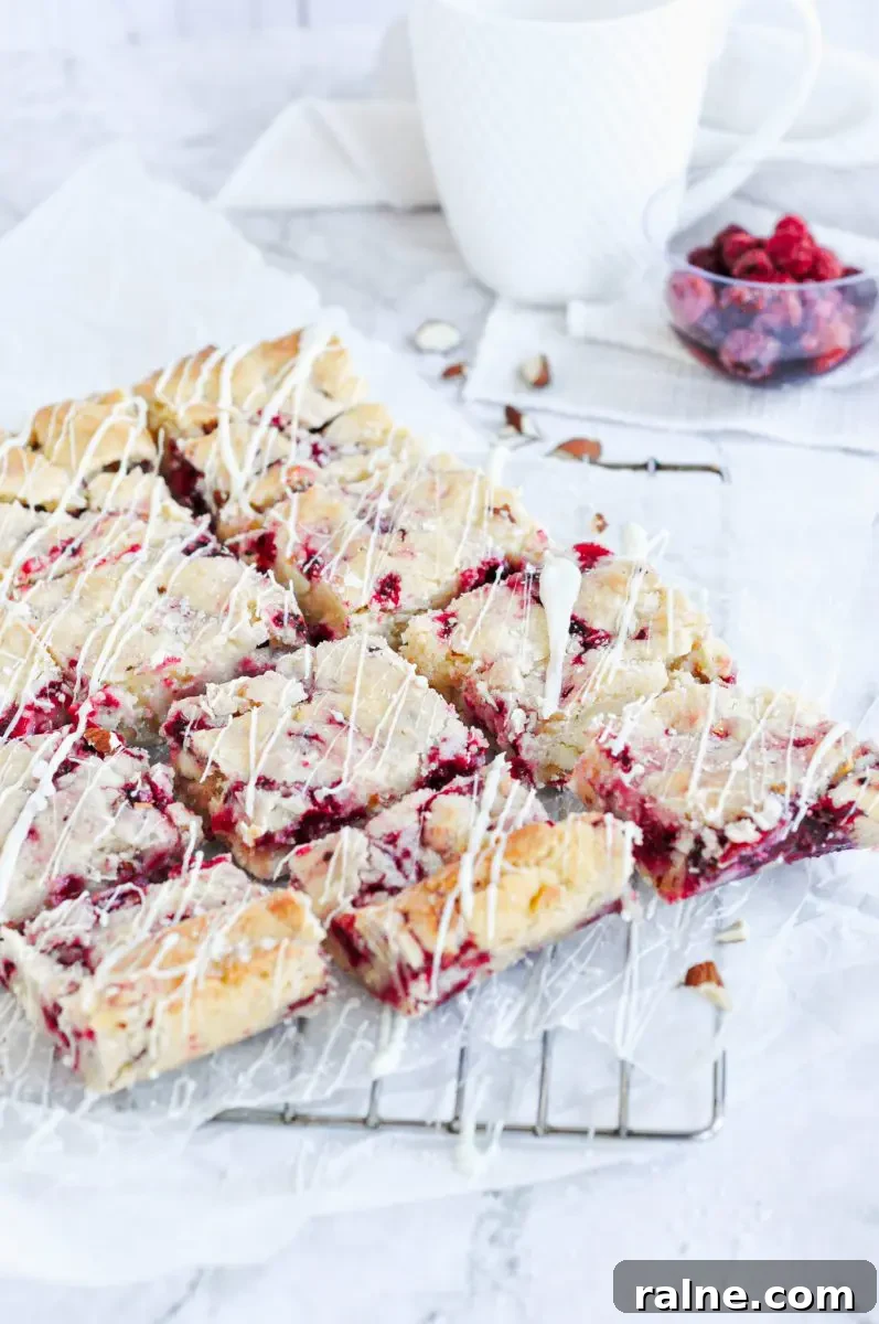 Raspberry Blondies with Oat Streusel — Chewy, Fruity Bars 2 Sliced white chocolate raspberry blondies all cut up and placed on a metal cooling rack. White chocolate sauce has been drizzled over top.