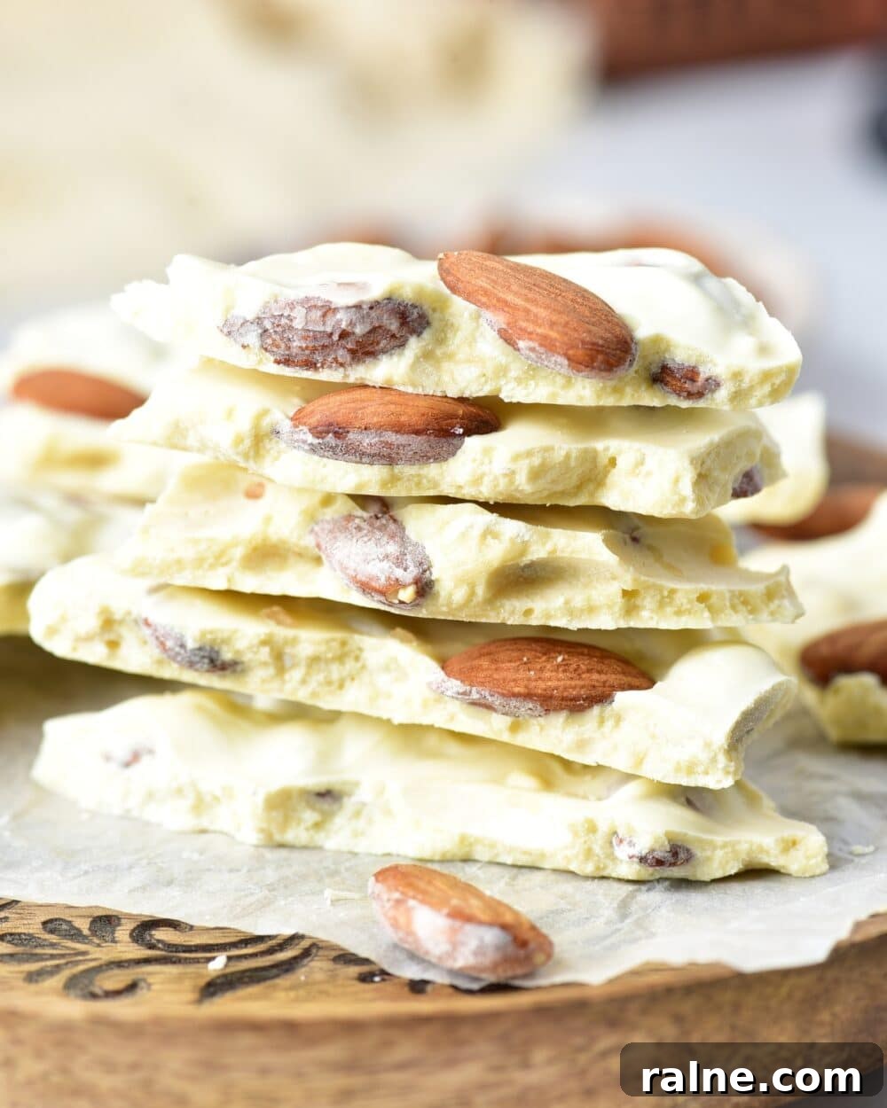White Chocolate Almond Bark Recipe — Quick No-Bake Treat 2 stacked Keto White Chocolate Almond Bark
