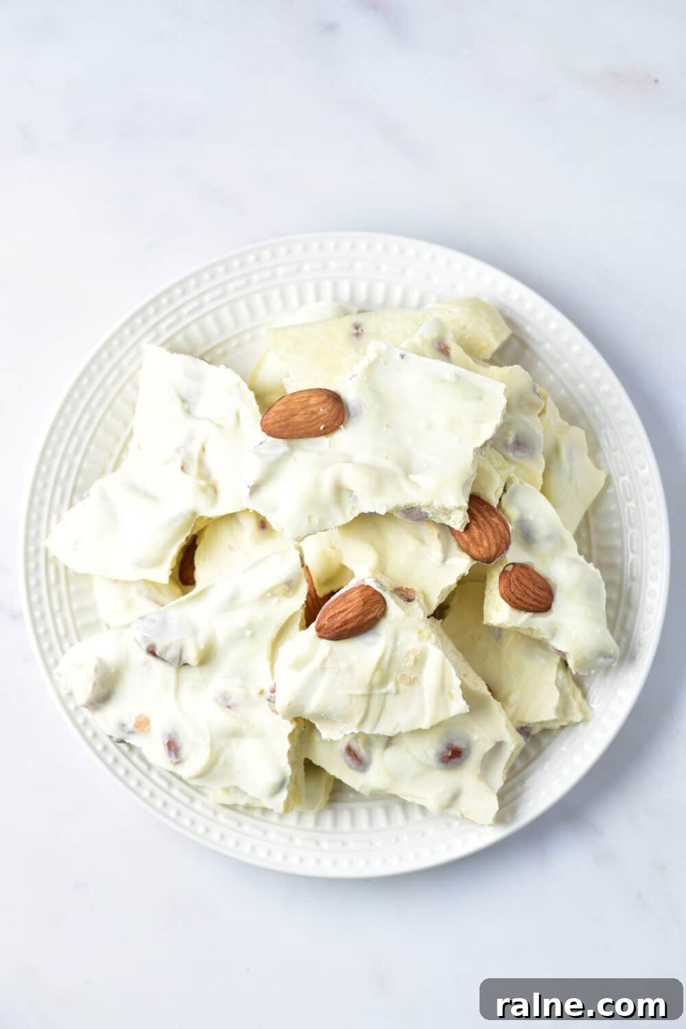 White Chocolate Almond Bark Recipe — Quick No-Bake Treat 10 Keto White Chocolate Almond Bark overhead shot