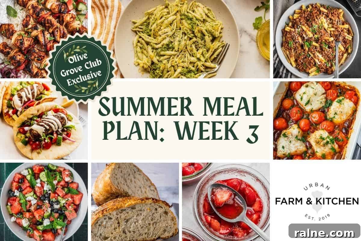 Collage of recipes including grilled chicken skewers, pesto pasta, beef Bolognese, turkey kofta pitas, baked fish, watermelon salad and strawberries.