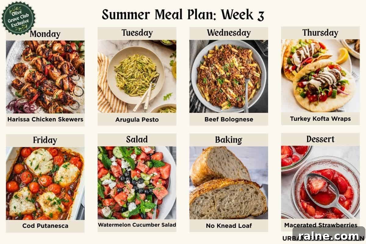 Collage of recipes including grilled chicken skewers, pesto pasta, beef Bolognese, turkey kofta pitas, baked fish, watermelon salad and strawberries.