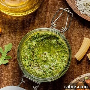 Arugula pesto in a class jar on a wooden tray.