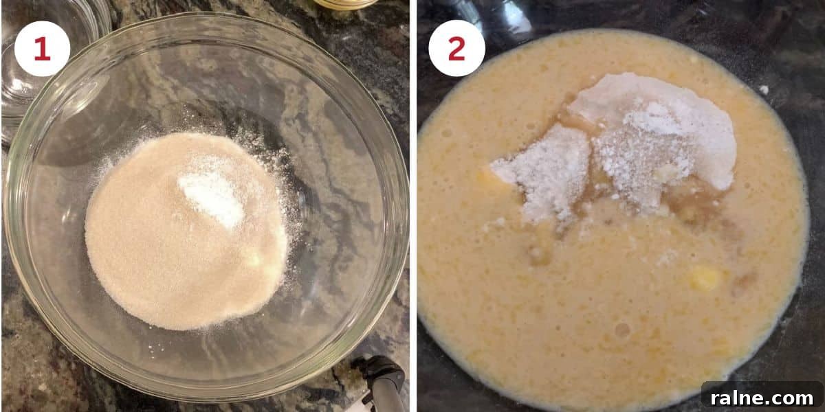 Classic Hawaiian Butter Mochi Recipe for Perfect Chewy Dessert 5 Photos of the dry ingredients in a bowl and adding the wet ingredients to the bowl.