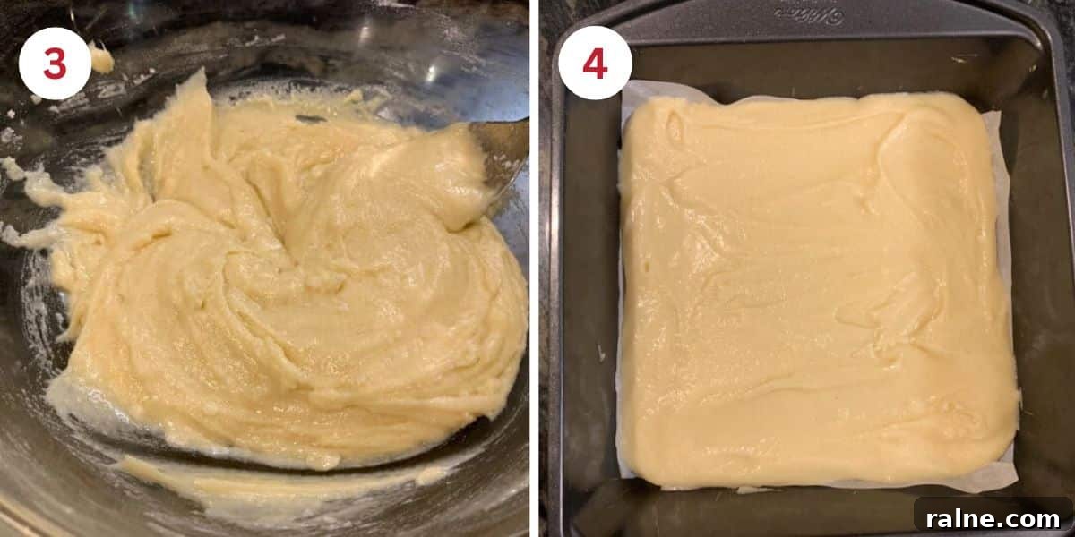 Classic Hawaiian Butter Mochi Recipe for Perfect Chewy Dessert 6 Photos of the mochi batter in the bowl and 8x8 baking pan.