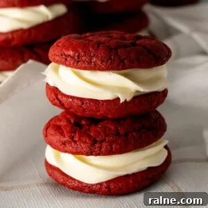 Decadent Red Velvet Whoopie Pies Recipe for Perfect Sandwich Cookies 11 Two Red Velvet Whoopie Pies stacked on top of eachother on a white linen napkin.