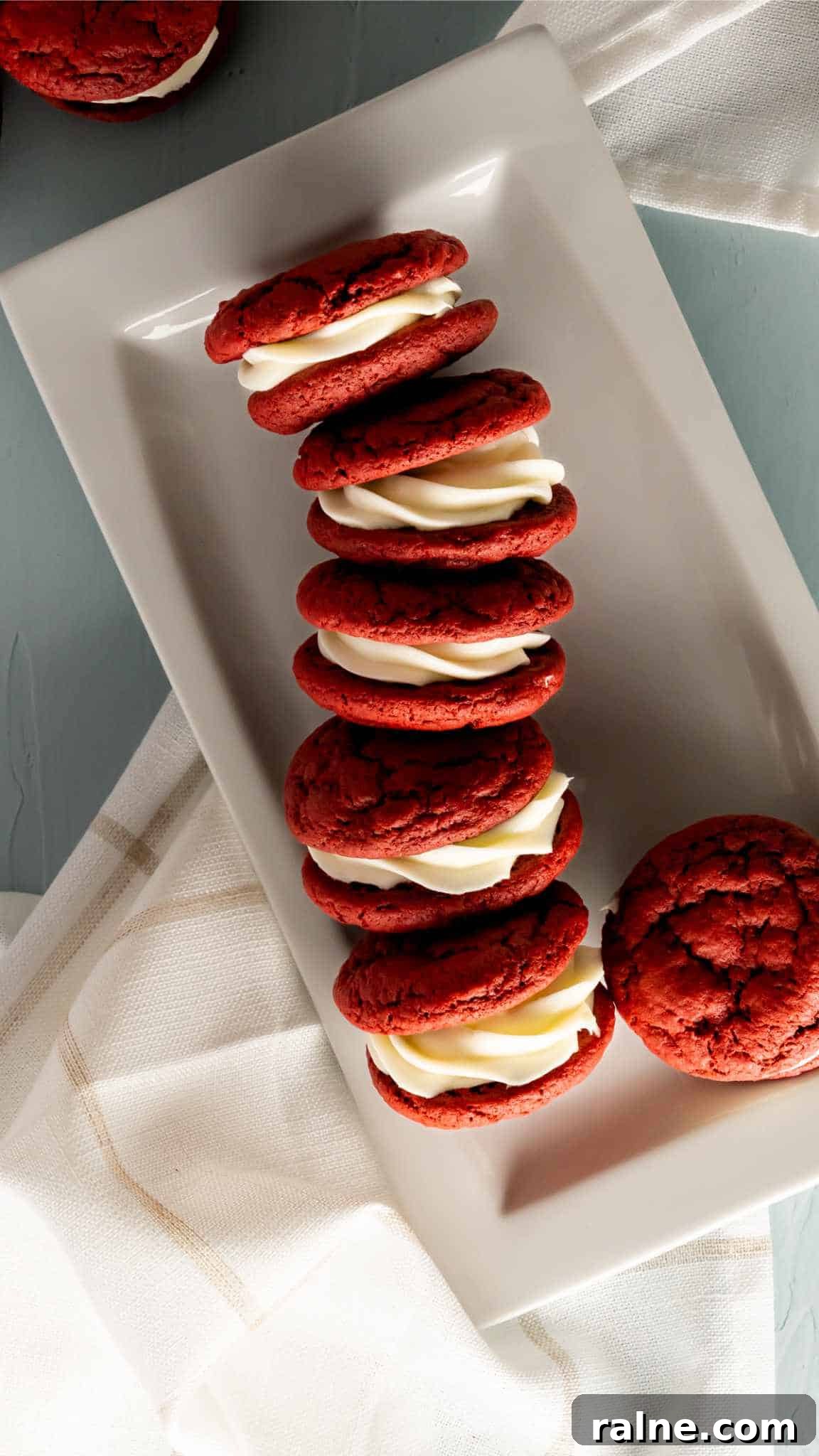 Decadent Red Velvet Whoopie Pies Recipe for Perfect Sandwich Cookies 4 Birds eye view of red velvet whoopie pies filled with cream cheese filling.