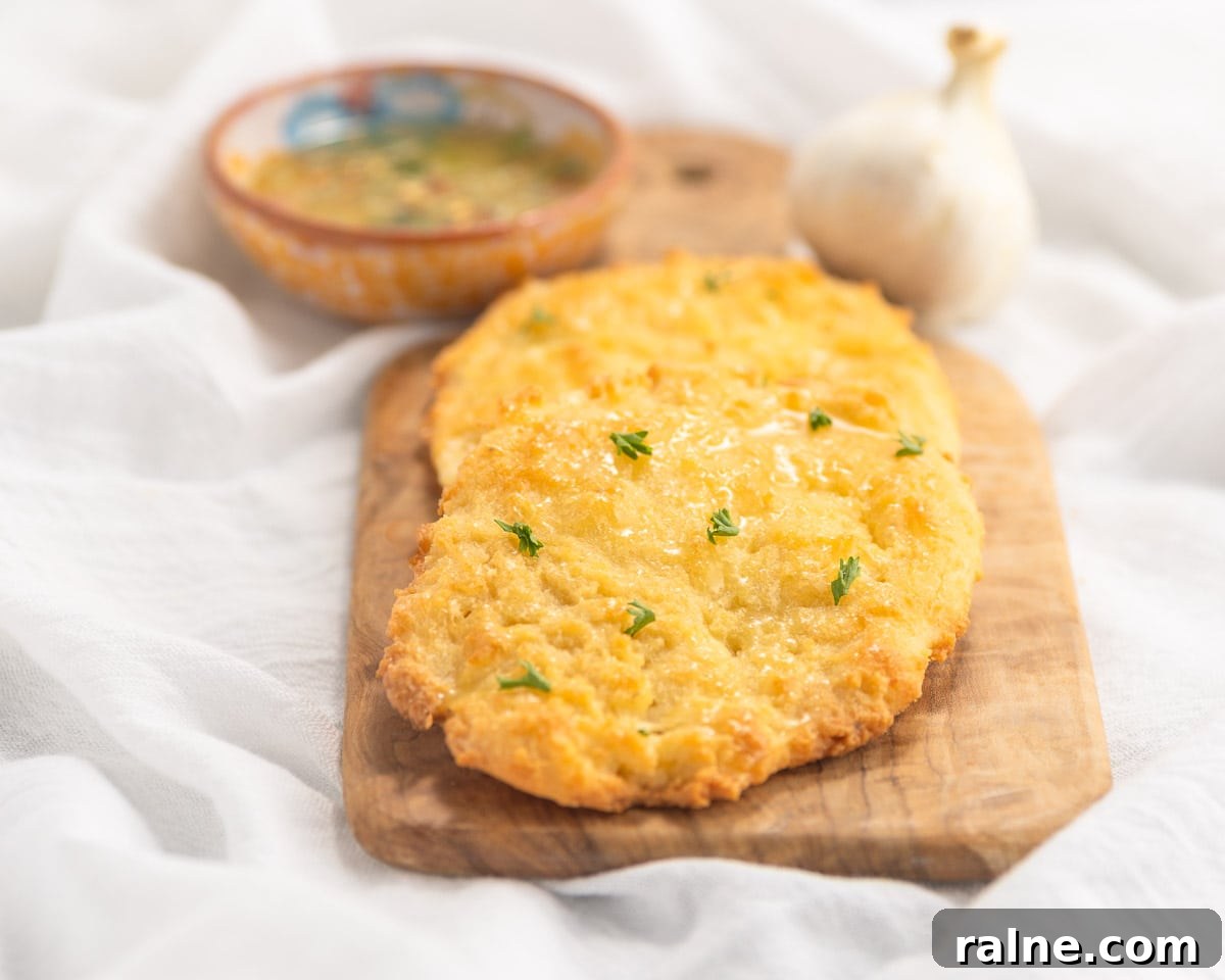 Keto-Friendly Naan Flatbread Recipe: Low-Carb Indian-Style Bread 7 low carb naan on a cutting board with a bowl of dipping herb oil.
