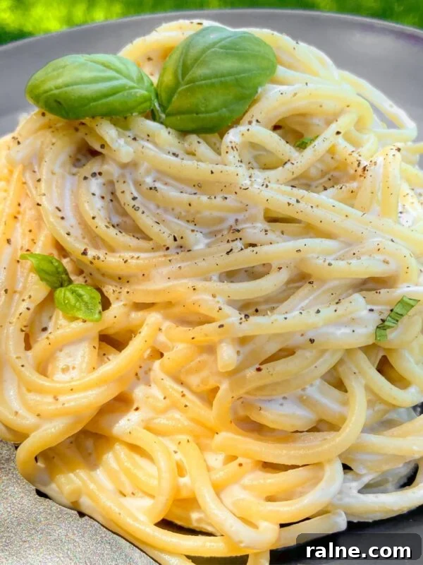 Creamy Vegan Alfredo Sauce Recipe — Dairy-Free Pasta Sauce 3 A plate of creamy spaghetti garnished with fresh basil leaves and a sprinkle of black pepper