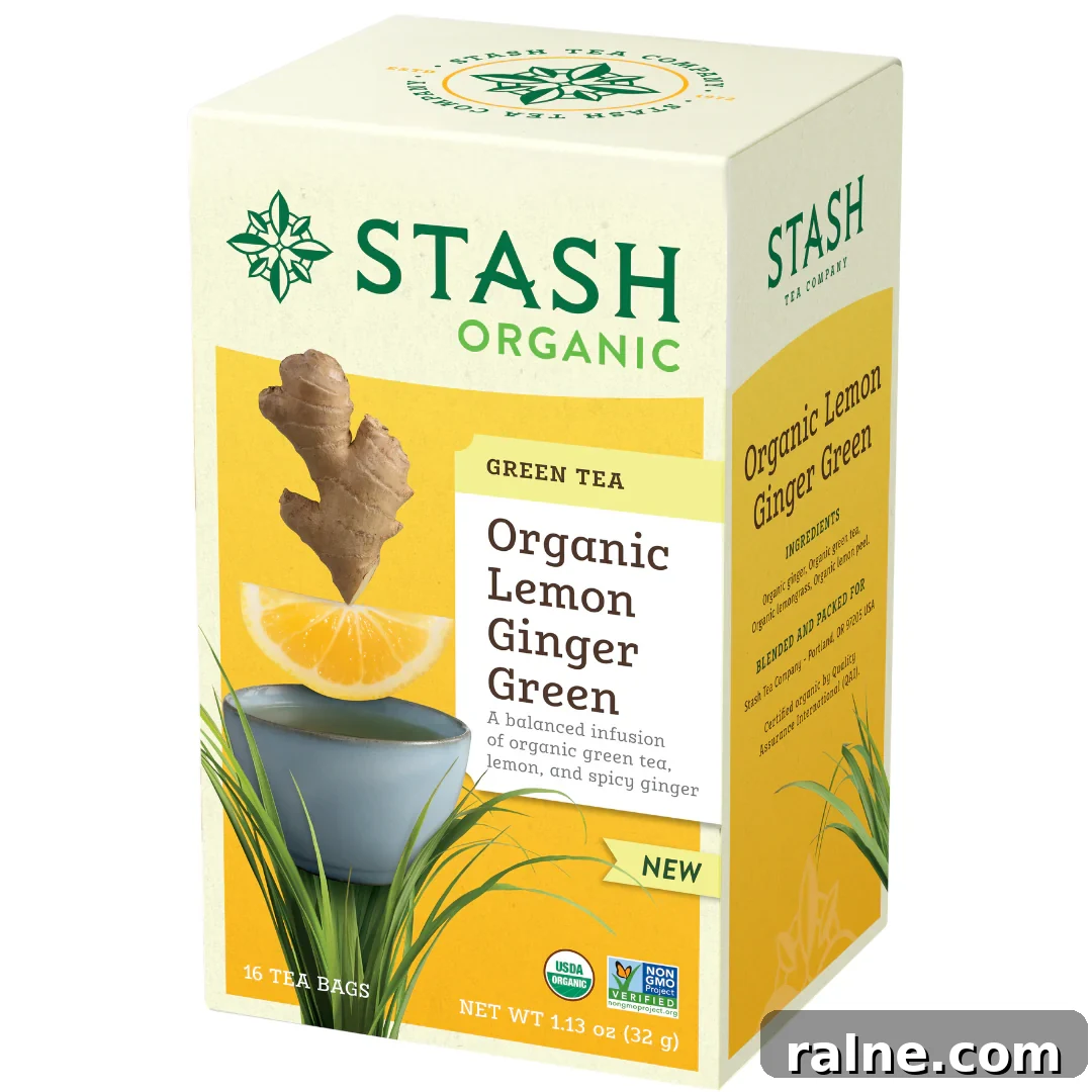 a box of organic lemon ginger green tea from Stash