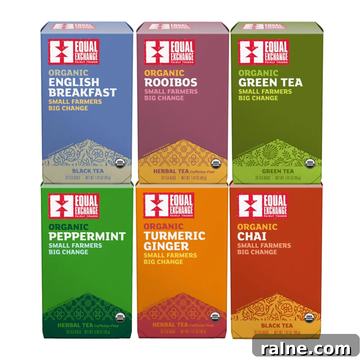 Six boxes of Equal Exchange organic tea varieties
