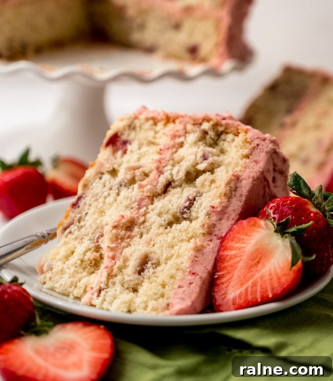 Strawberry Jello Poke Cake Recipe — Moist, Creamy Dessert 19 A photo of a slice of strawberry cake on a plate with a fork and sliced strawberries.