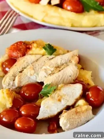 Chicken with Polenta and cherry tomatoes.