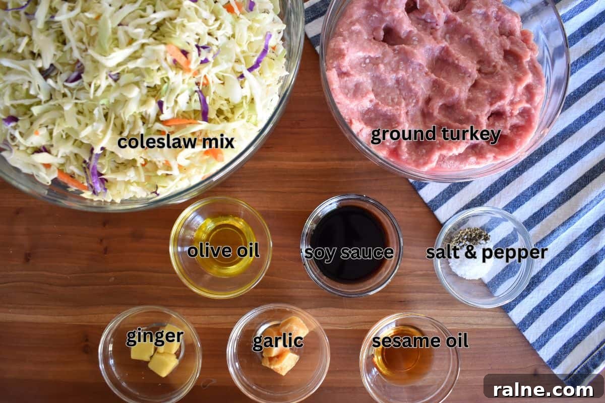 Ingredients include coleslaw mix, ground turkey, soy sauce, ginger, garlic, and sesame oil. 