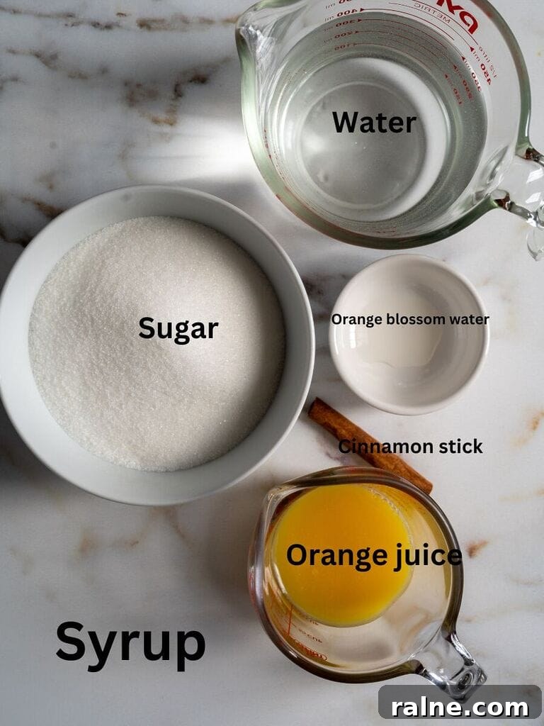 Orange Semolina Cake (Portokalopita) 4 Ingredients for the syrup for the Portokalopita, which include: water, sugar, orange blossom water, cinnamon stick, and orange juice
