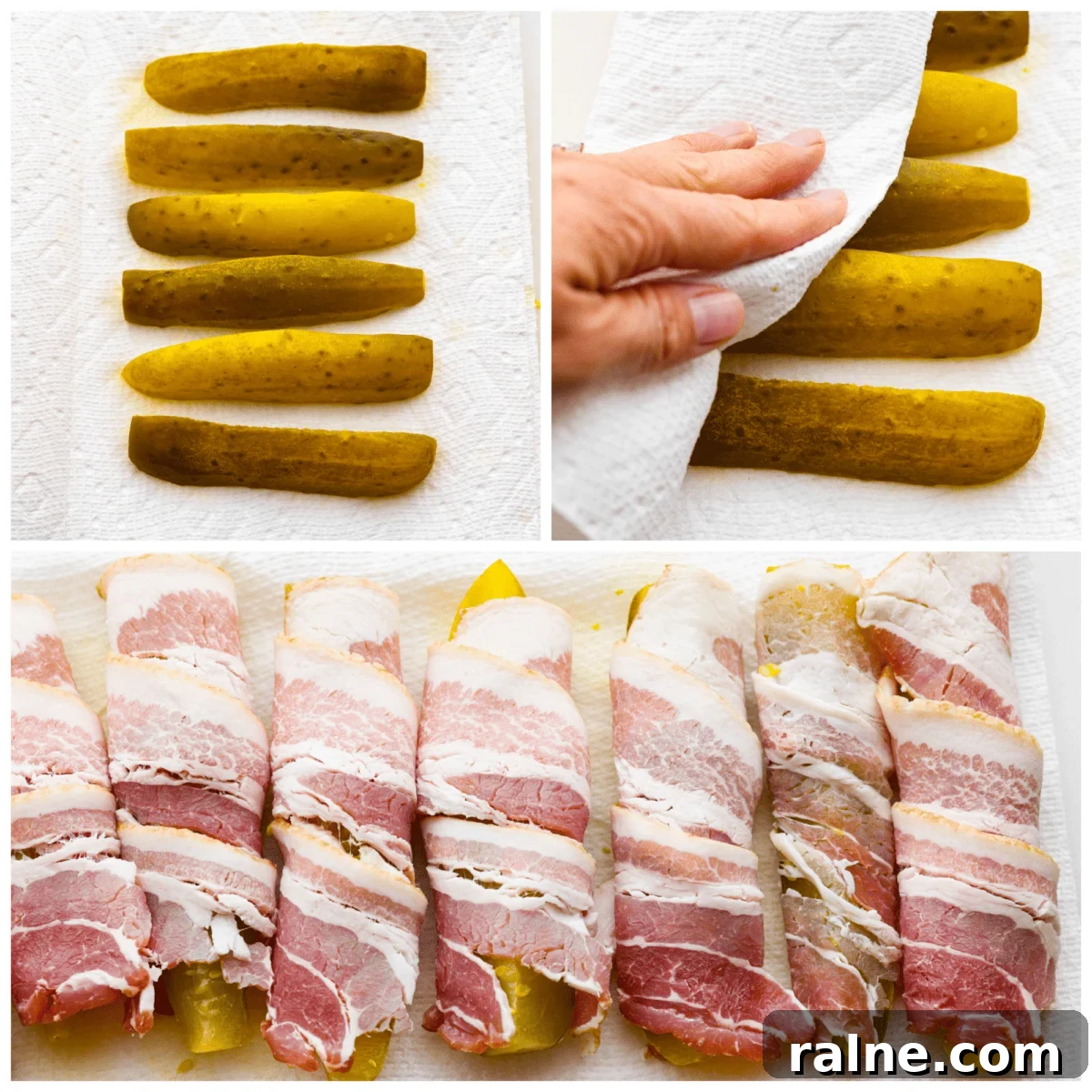 Preparing bacon wrapped pickles 3-photo collage of the pickles being pat dry and wrapped in bacon.