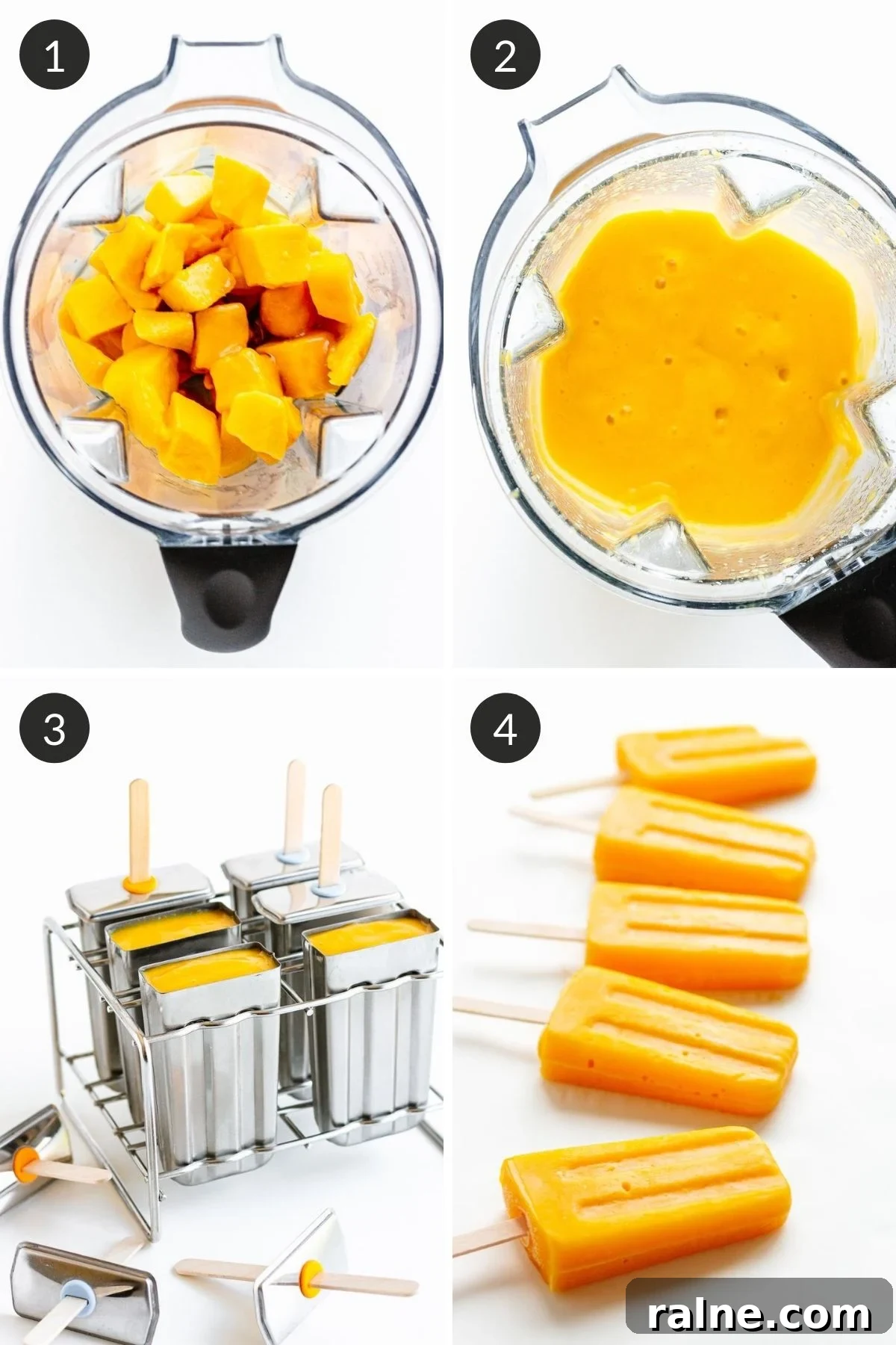 Photo collage showing step by step how to make mango popsicles.
