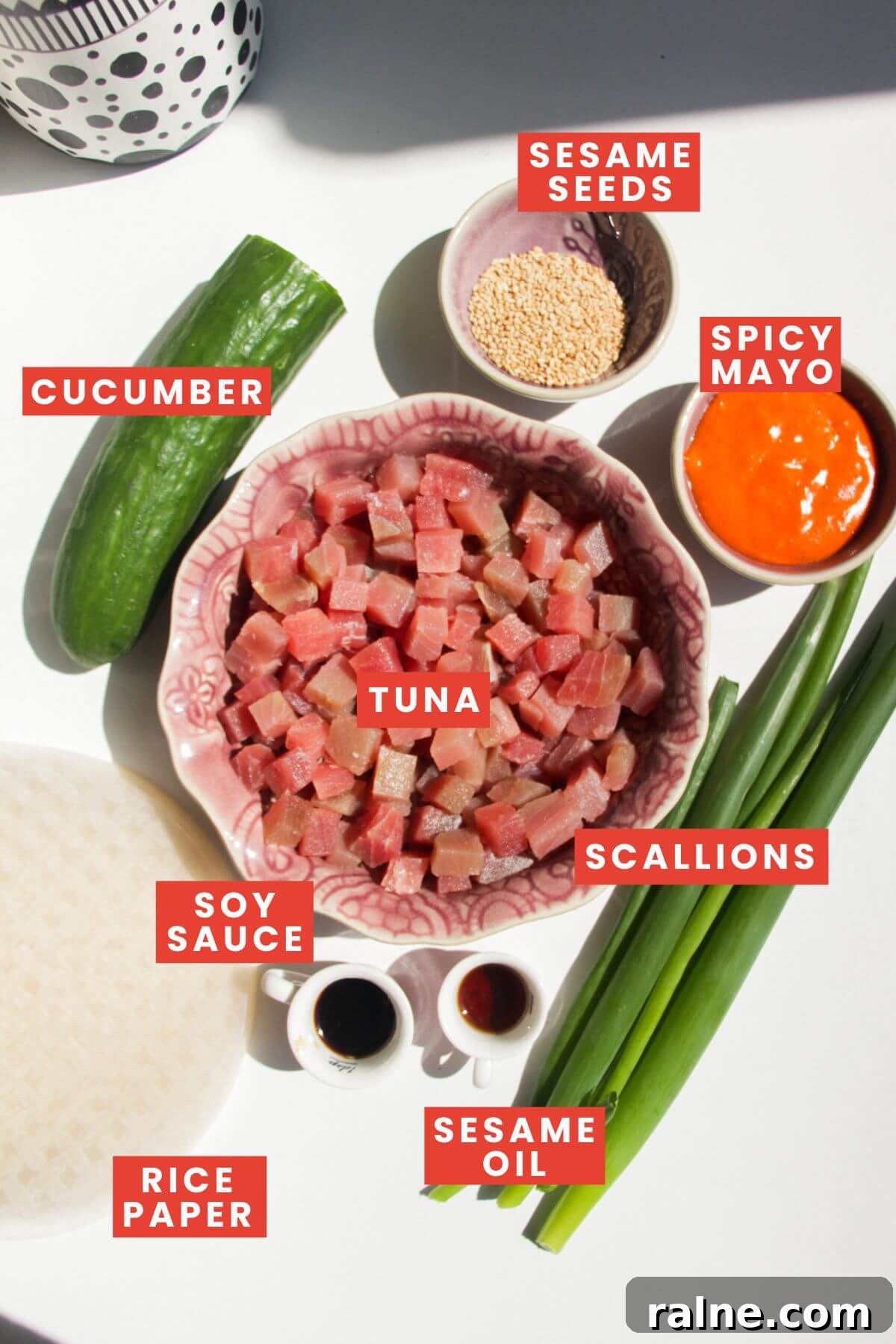 Spicy Tuna Crispy Rice Paper Cups Recipe for Impressing Guests 3 Ingredients for spicy tuna rice paper cups laid out and labelled.